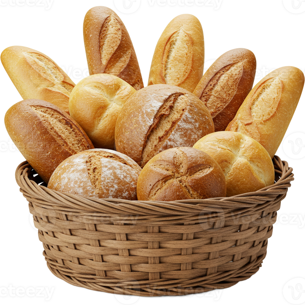 Bread basket displaying an assortment of fresh loaves and rolls. png