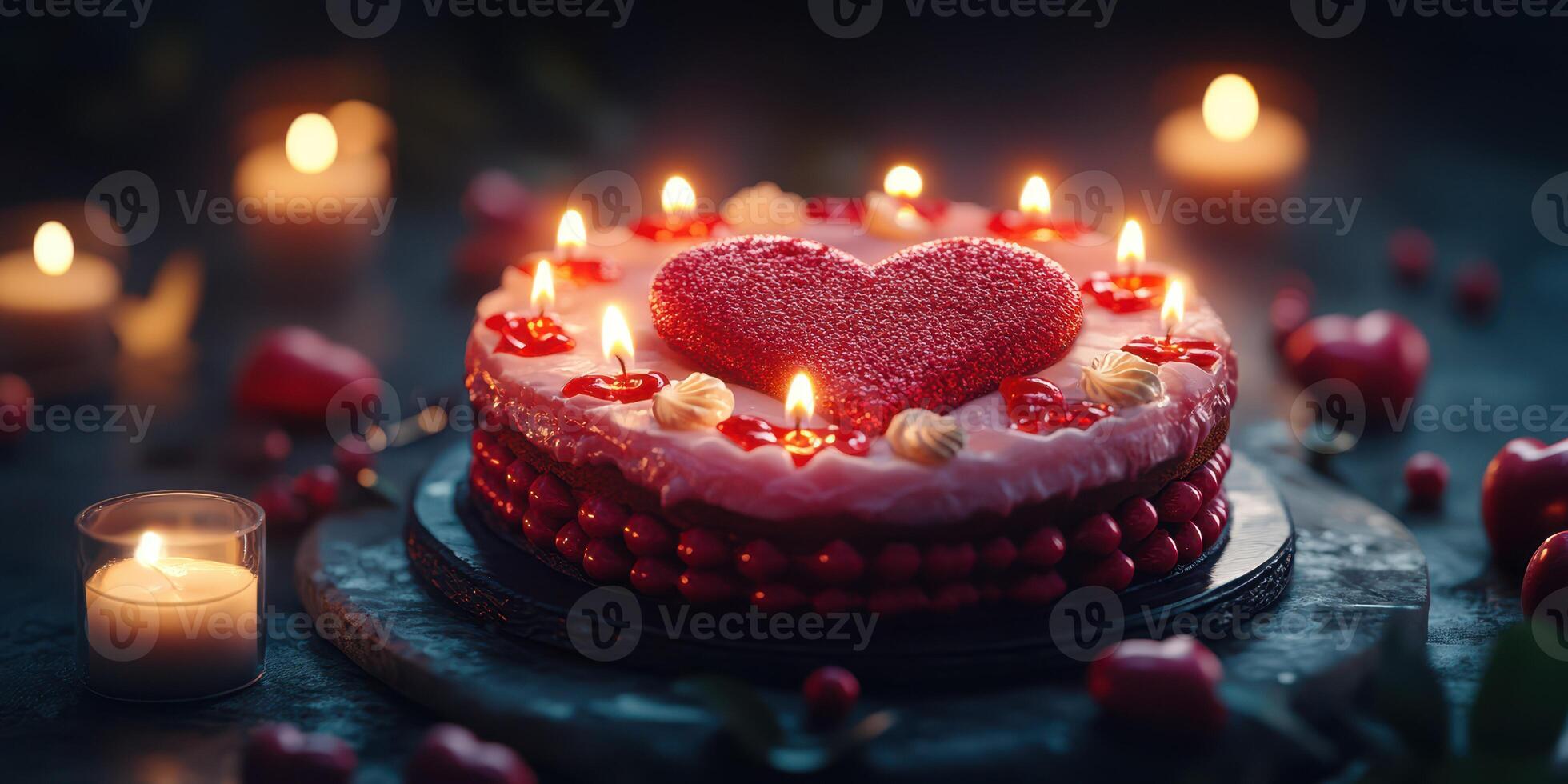 Heart-shaped cake with candles and decorations, perfect for celebrations and romantic occasions at nighttime photo