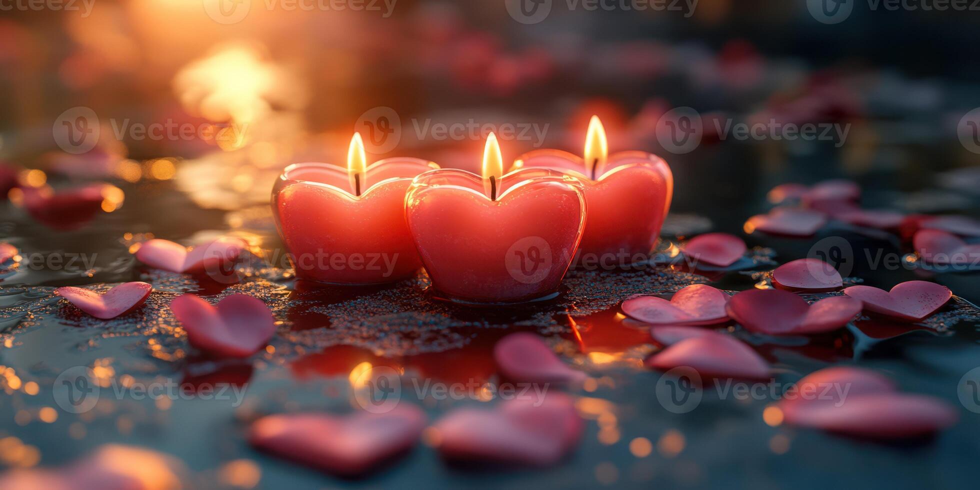 Heart-shaped candles glow softly among rose petals, creating a romantic atmosphere at sunset photo