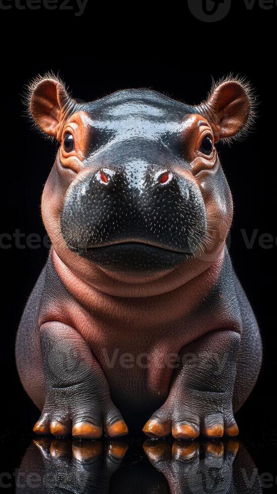 Curious young hippo gazes with an inquisitive expression against a dark backdrop photo