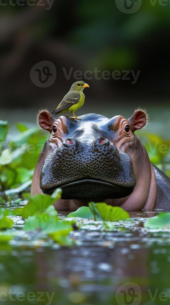 Hippo observes its surroundings as a small bird perches on its head during a calm day in a lush wetland photo
