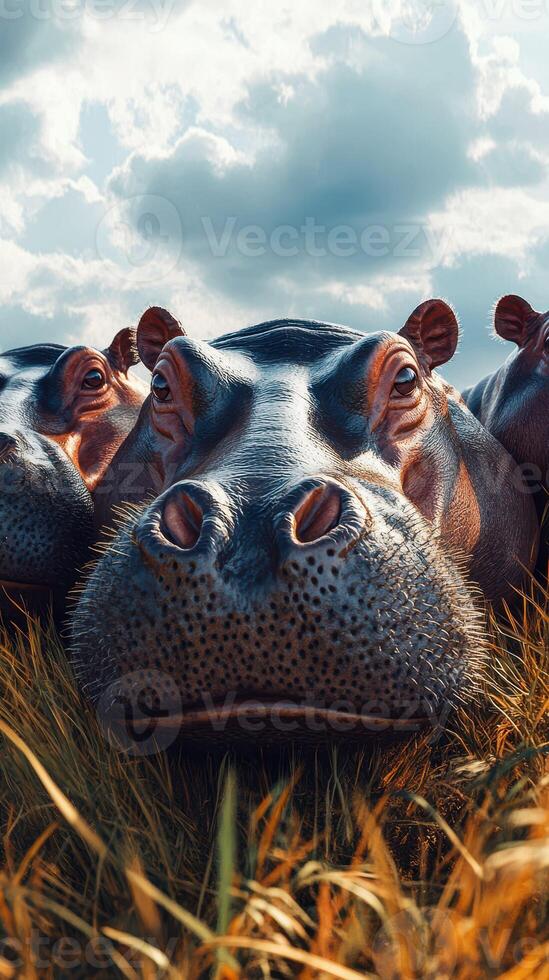 Hippos resting peacefully in tall grass under a cloudy sky during the afternoon in a serene natural habitat photo
