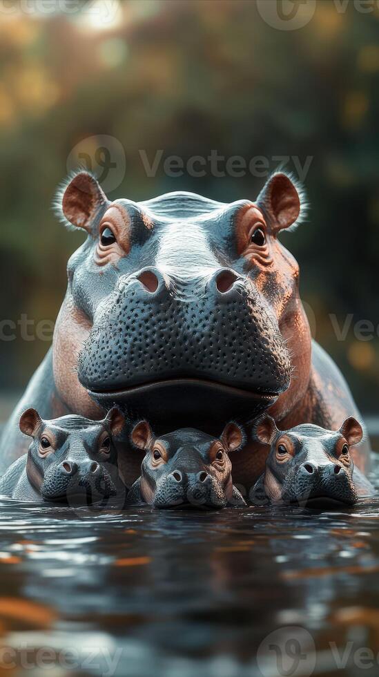 Family of hippos enjoying a calm day in the water at a serene wildlife habitat photo