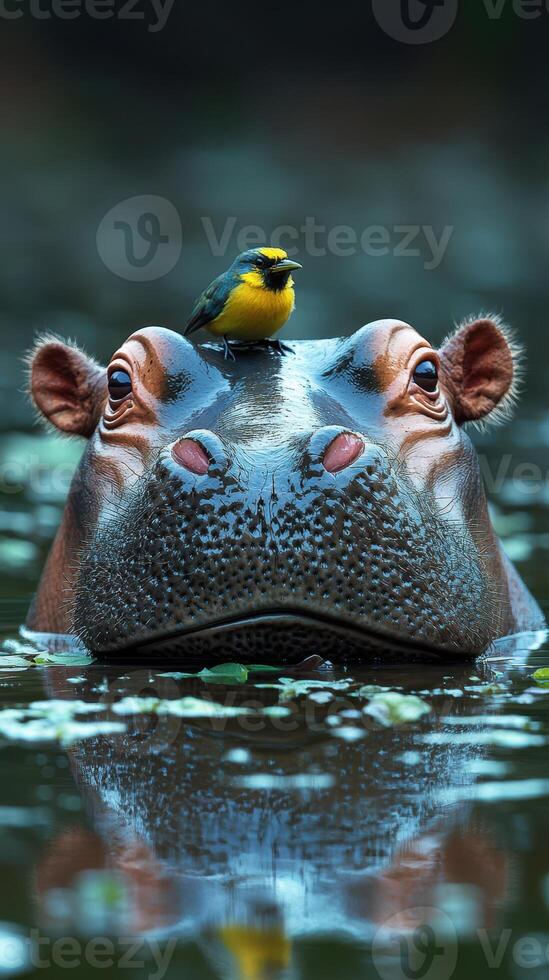 Hippo and bird share a tranquil moment in a lush water habitat during a sunny afternoon photo