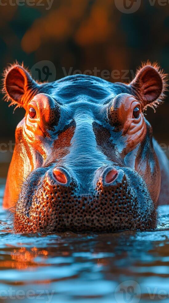 Close-up of a hippo's face in a tranquil water setting during golden hour photo