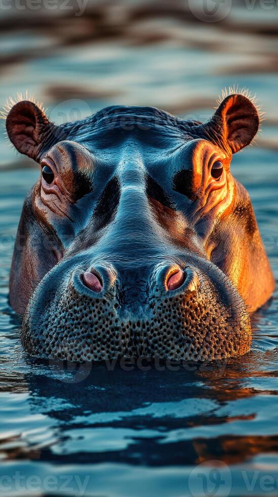 Close-up of a hippo in water during sunset, highlighting its features and serene expression photo
