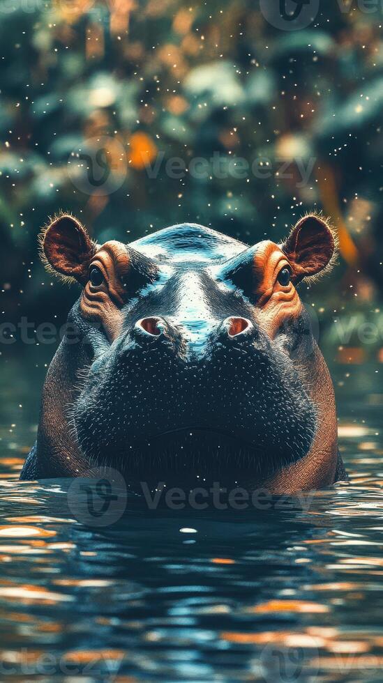 Hippo emerging from water in lush tropical surroundings during a serene summer afternoon photo