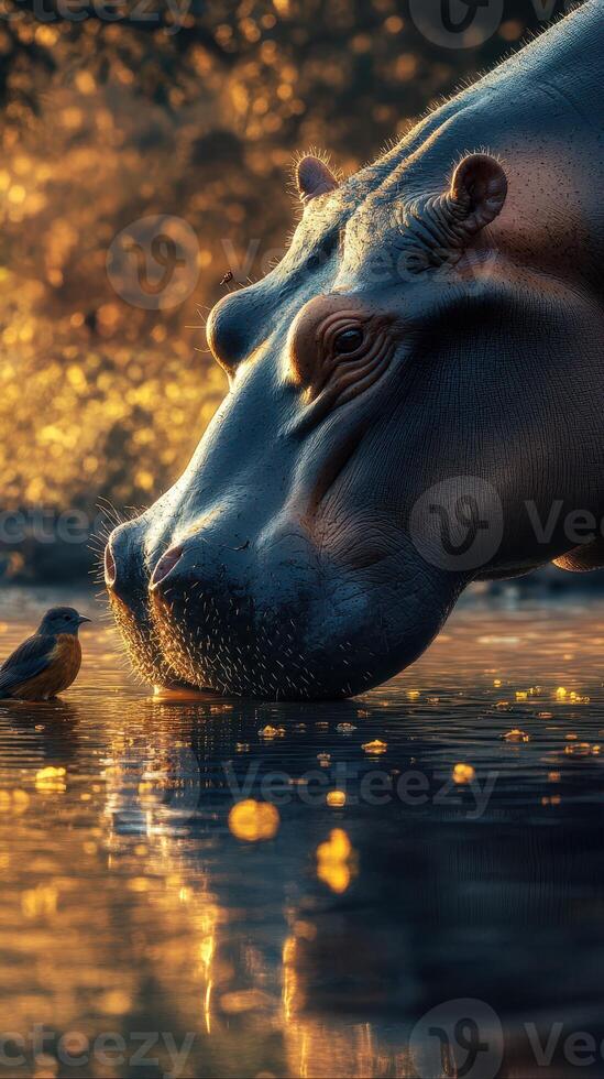 Close encounter between a hippo and a small bird in a serene water setting during golden hour photo