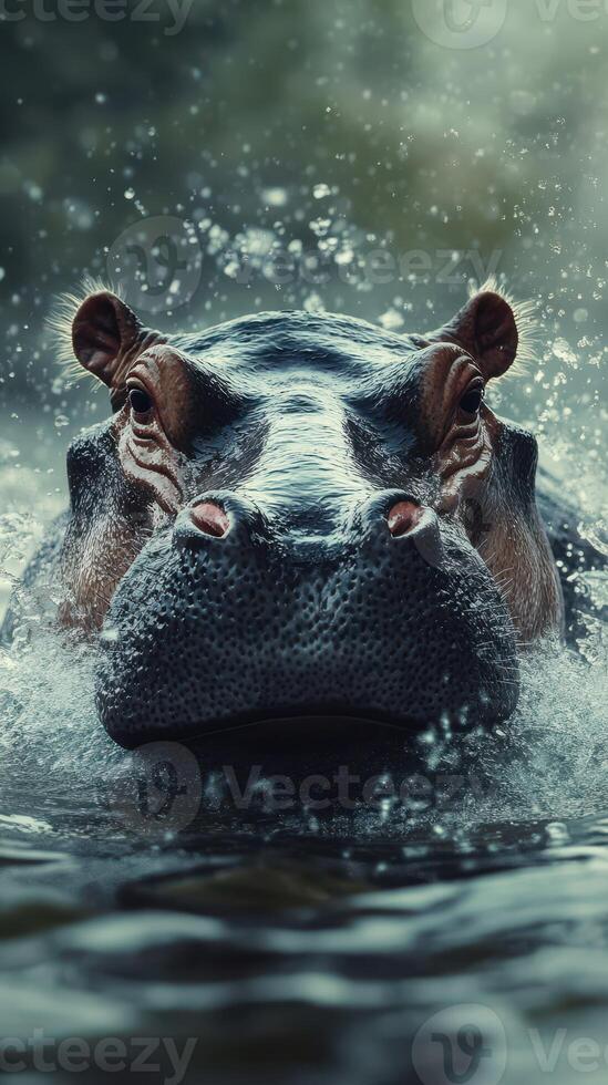 Majestic hippopotamus emerging from water, showcasing its powerful presence in natural habitat during golden hour photo