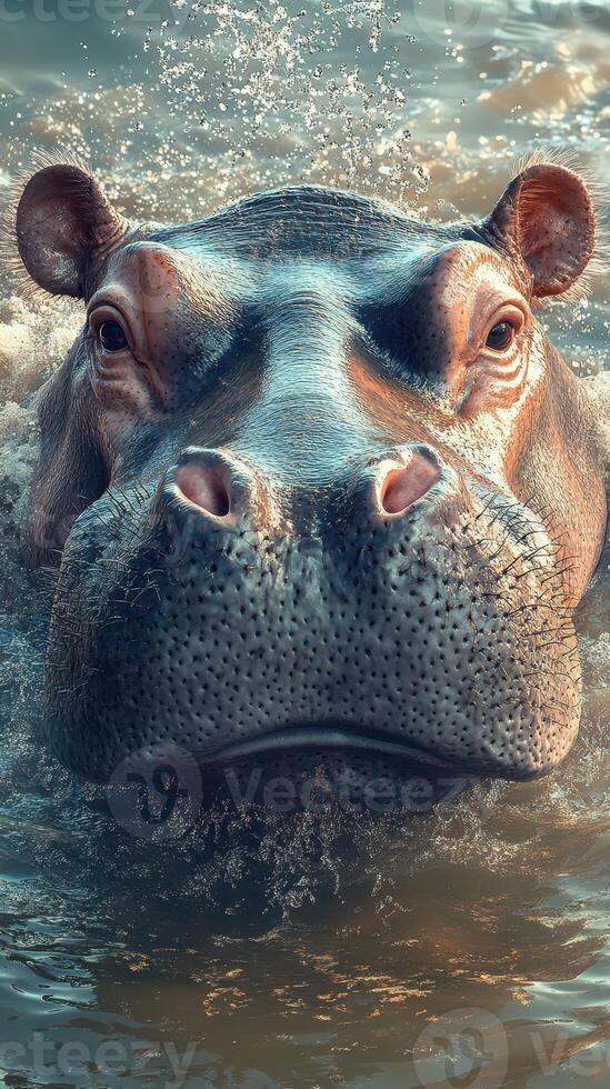Massive hippopotamus emerging from water during a sunny day in an African river photo