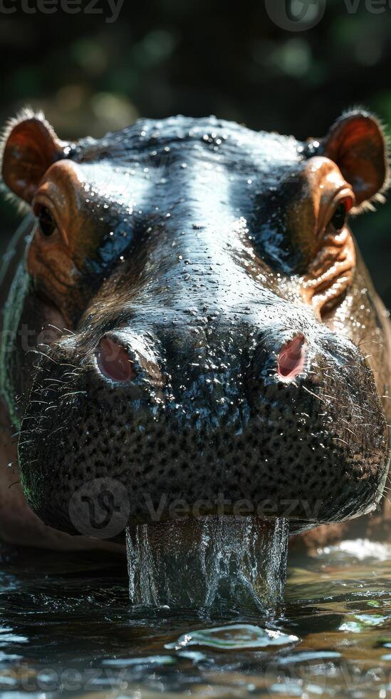 Large hippopotamus emerges from the water at a wildlife sanctuary during a sunny afternoon photo