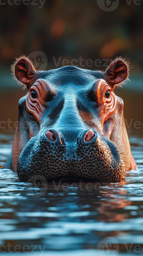 Majestic hippopotamus surfaces in tranquil water at sunset, showcasing natural beauty and wildlife splendor photo