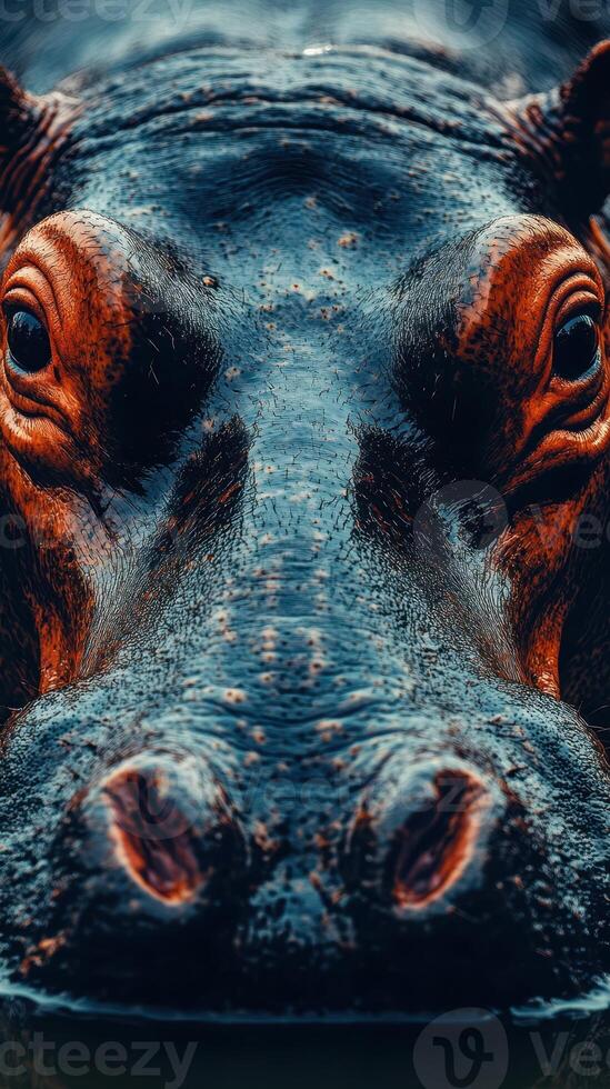 Hippo displays strong gaze while submerged in water at local sanctuary during bright afternoon light photo