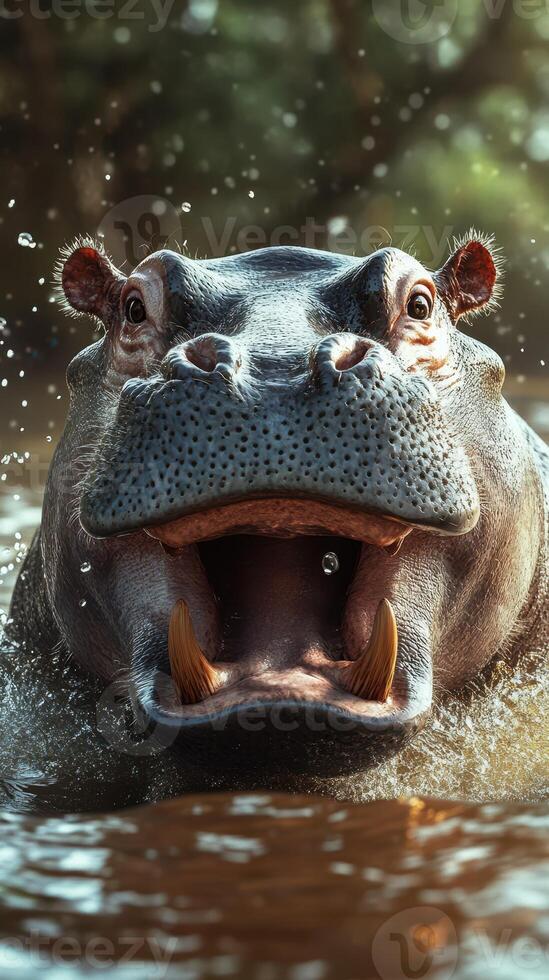 Hippo splashing through water with mouth open in natural habitat during sunny day with greenery in background photo
