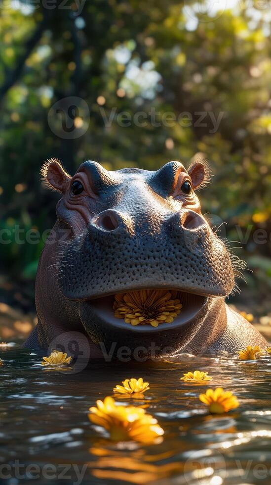 Hippo enjoying flowers in a serene natural setting during a sunny day photo