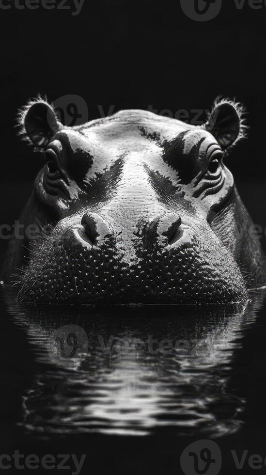 Hippo submerged in water gazing directly at the camera in a striking black and white composition photo