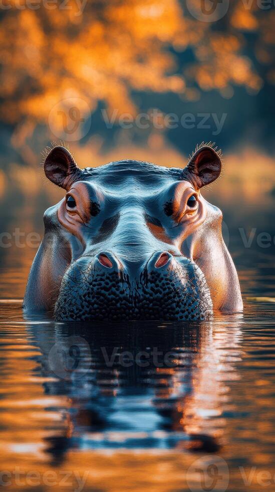 Hippopotamus surfacing in tranquil waters at sunset near a riverbank surrounded by vibrant autumn foliage photo