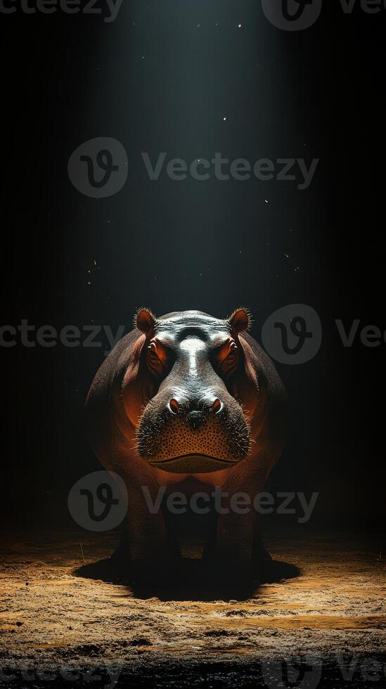 Hippopotamus in dramatic lighting at a wildlife sanctuary during evening hours photo