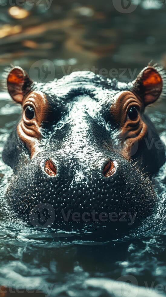 Hippo emerging from water with a curious expression in a natural habitat during daylight photo