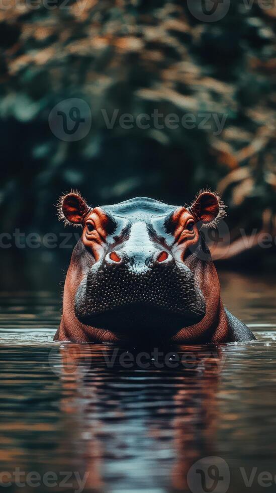 Hippopotamus emerging from water in lush green habitat during the afternoon light photo
