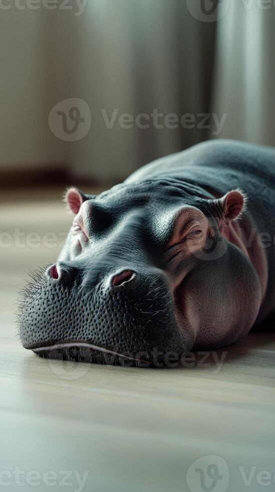 Hippo resting comfortably indoors on a wooden floor, enjoying a serene moment in a cozy environment during the day photo