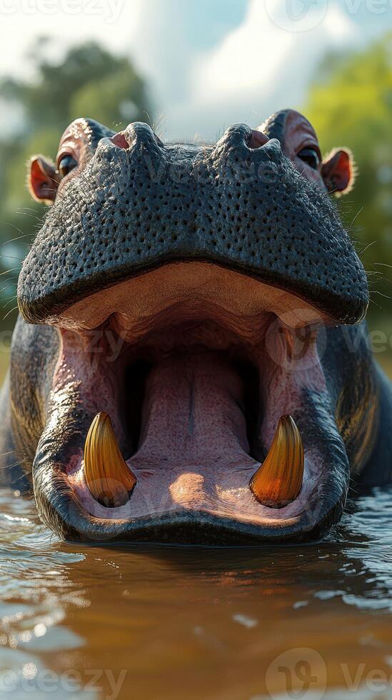 Hippo yawning in the water at a riverbank during a sunny day in the wild photo