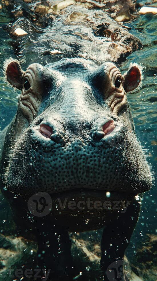 Hippo swimming under water in natural habitat showing curious behavior and unique facial features photo