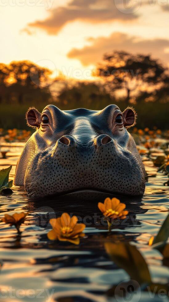 Hippo in serene water surrounded by yellow flowers during sunset in a natural habitat photo