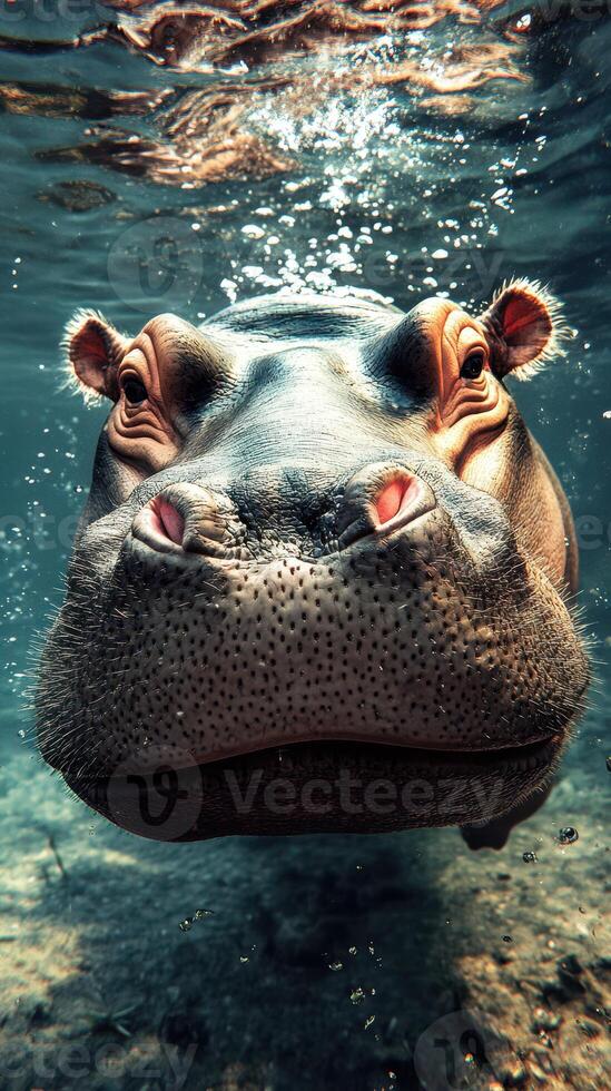 Hippopotamus swimming in clear water with bubbles rising in a serene underwater environment photo