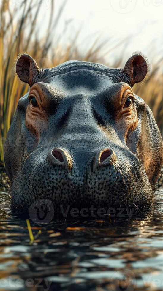Hippo surfacing in serene water surrounded by tall grasses at sunset in a tranquil landscape photo