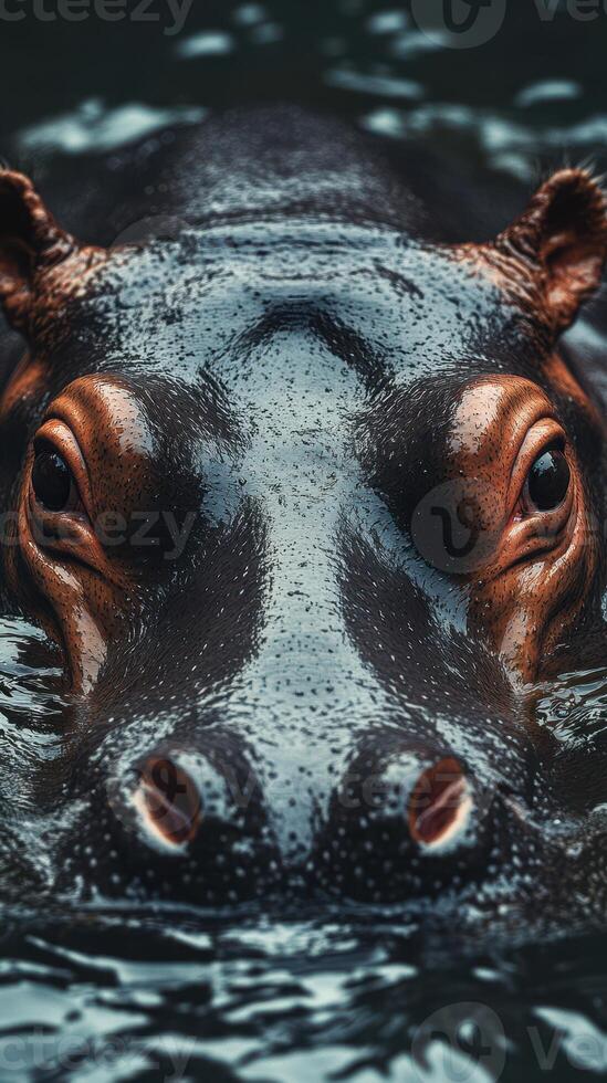 Close-up view of a hippo swimming in dark water showcasing its eyes and texture at a wildlife sanctuary in the early morning photo