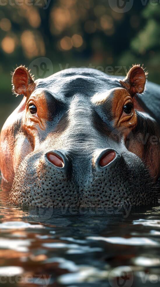 Majestic hippopotamus emerging from the water at sunset in a serene natural habitat photo