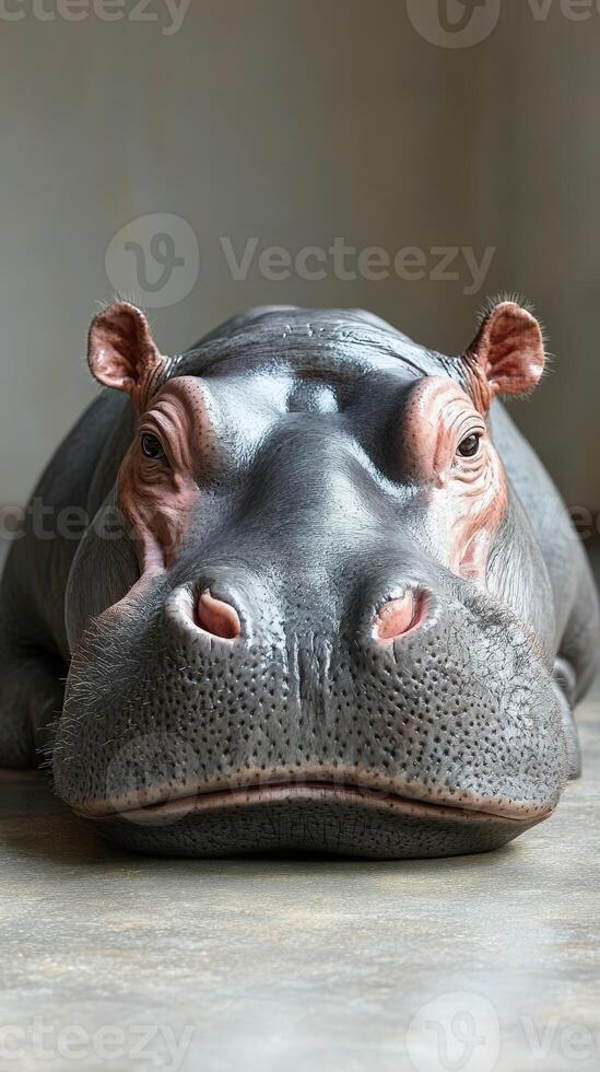 Large hippo resting indoors with a focused expression, showcasing detailed features and texture in a serene environment photo
