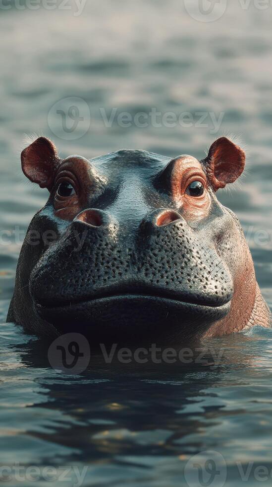 Hippo emerges from serene water at sunset in African wilderness displaying raw natural beauty and wildlife wonder photo