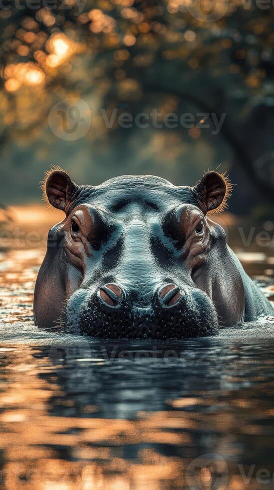 Hippo swimming quietly in a serene river during sunset in a natural habitat photo