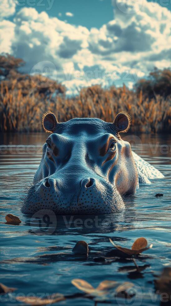 Hippo swimming in serene waters under a vibrant sky during late afternoon in a natural habitat photo