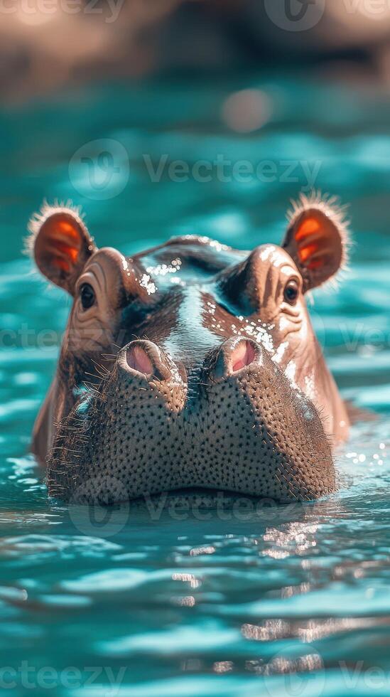 Hippo swimming in clear water at a wildlife sanctuary during a sunny afternoon photo