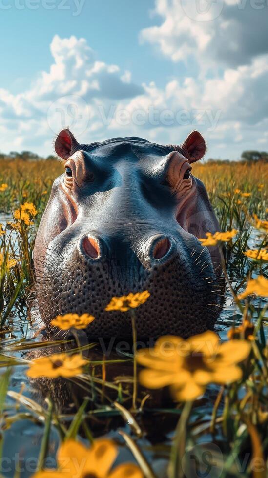 Hippo relaxing among wildflowers in a serene wetland during golden hour light photo