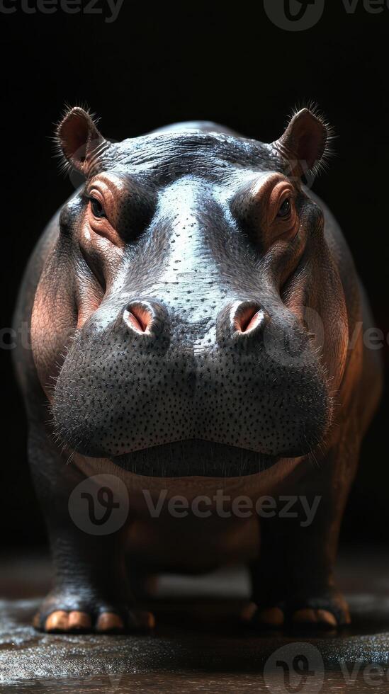 Close-up of a hippo in a dark setting showcasing its features and texture photo