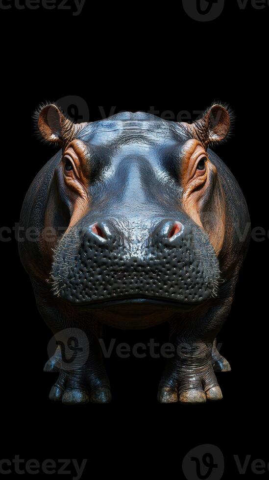 Large hippo standing confidently against a dark background with impressive features visible under lighting photo