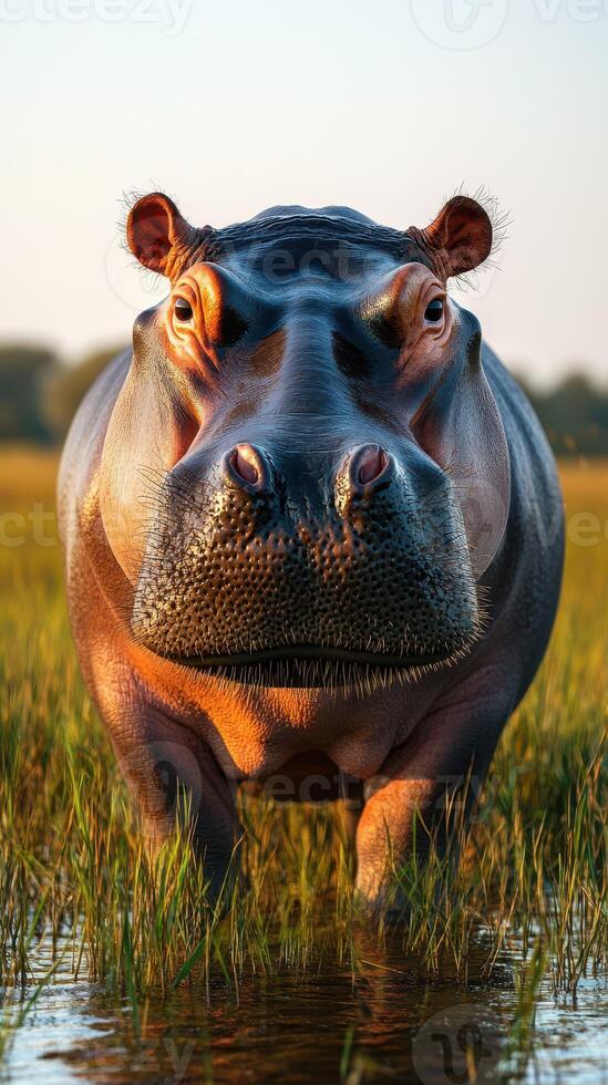 Close encounter with a hippo in a tranquil wetland during golden hour at sunset photo