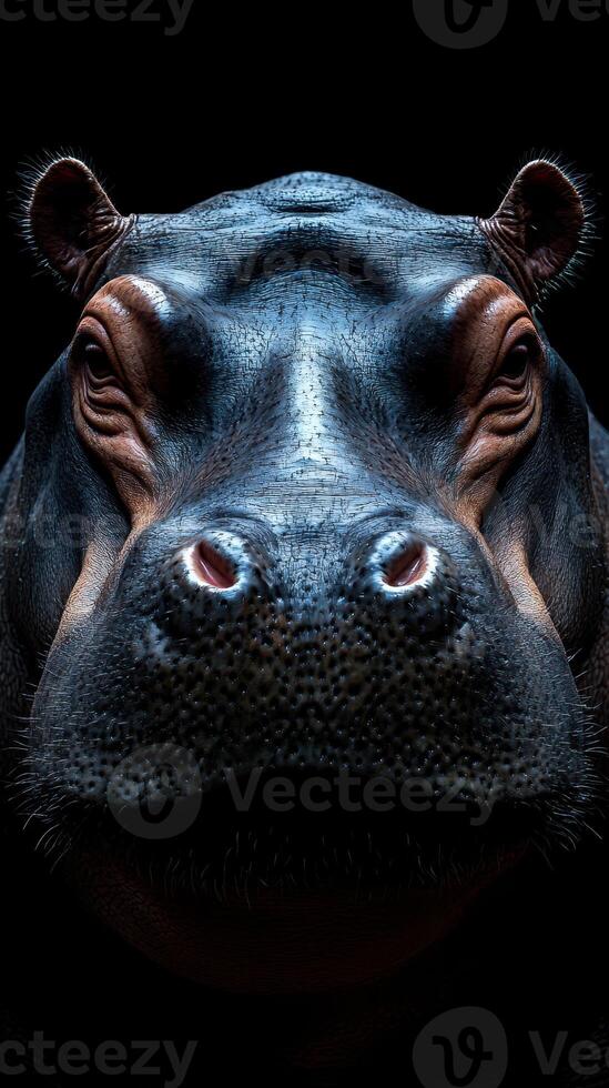 Close-up view of a hippo showcasing detailed features in a dark environment photo