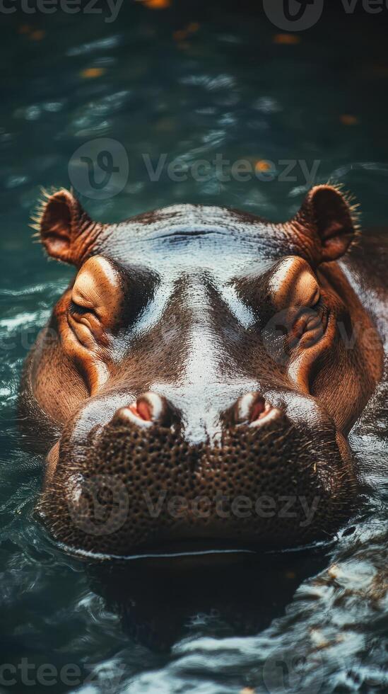 Majestic hippo gracefully swimming in serene water showcasing its powerful features photo