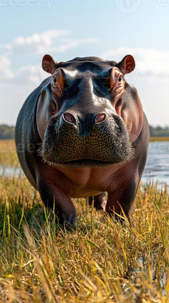 Hippo approaches the shore at sunset in natural habitat with lush grass and calm water photo