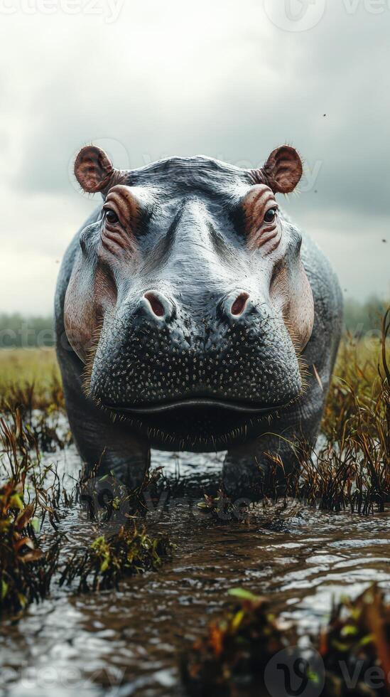 Hippo standing in wetland during overcast weather showcasing its majestic presence in the natural habitat photo