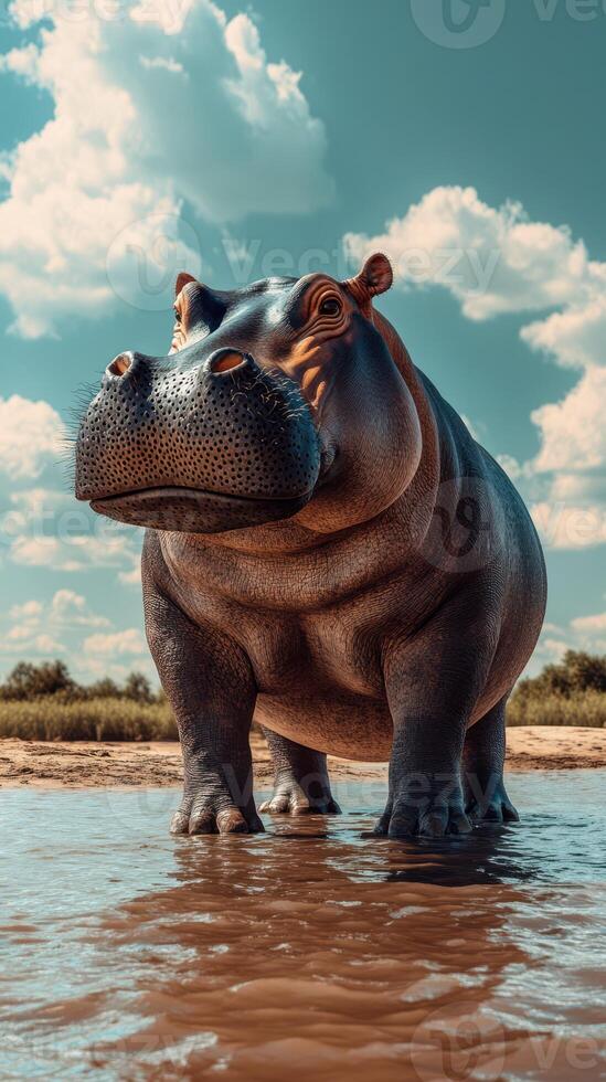 Hippo standing in shallow water under a blue sky with fluffy clouds during the day photo