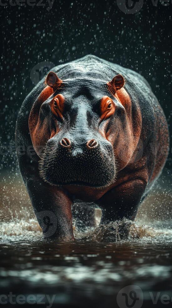 Hippopotamus wades through water under rain, showcasing its impressive size and features in a natural habitat setting photo