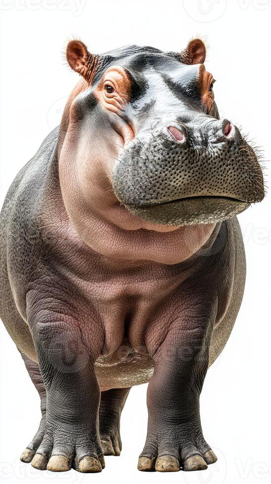 Hippo stands proudly in a natural pose, showcasing its impressive size and features in a serene setting photo