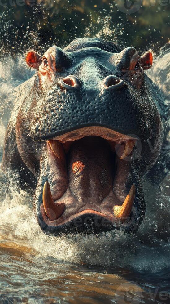 Massive hippopotamus roaring in the water creating splashes during midday under bright sunlight photo