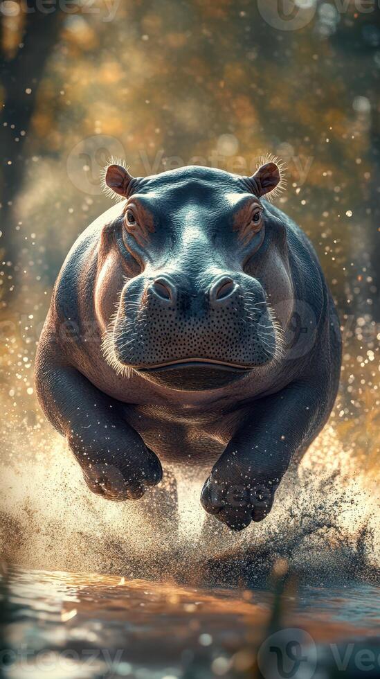 Hippo charging through water in a vibrant natural setting at sunrise creating splashes photo